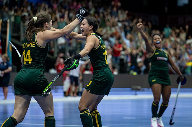 Tegan Fourie, Robyn Johnson and Edith Molikoe of South Africa celebrating after scoring a goal during the FIH Indoor Hockey World Cup. (Photo by Anton Geyser/Gallo Images)